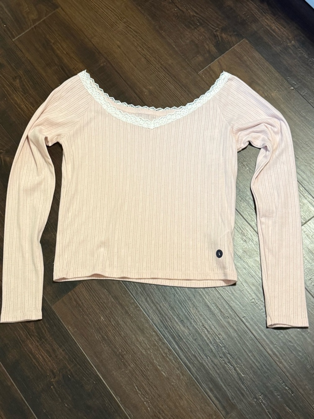 Hollister Blush Pink Lace-Trim Long Sleeve Top